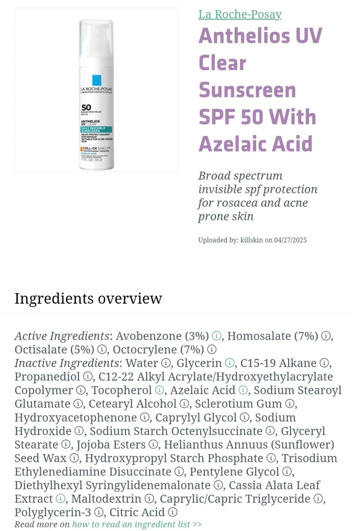 La Roche-Posay Anthelios UV Clear Sunscreen SPF 50 With Azelaic Acid